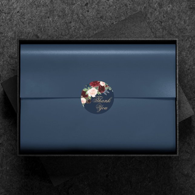 Boho Blooms | Dark Navy Blau und Rot Danke Runder Aufkleber (Von Creator hochgeladen)