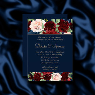 Boho Blooms Dark Navy Blue und Burgund Garland Einladung