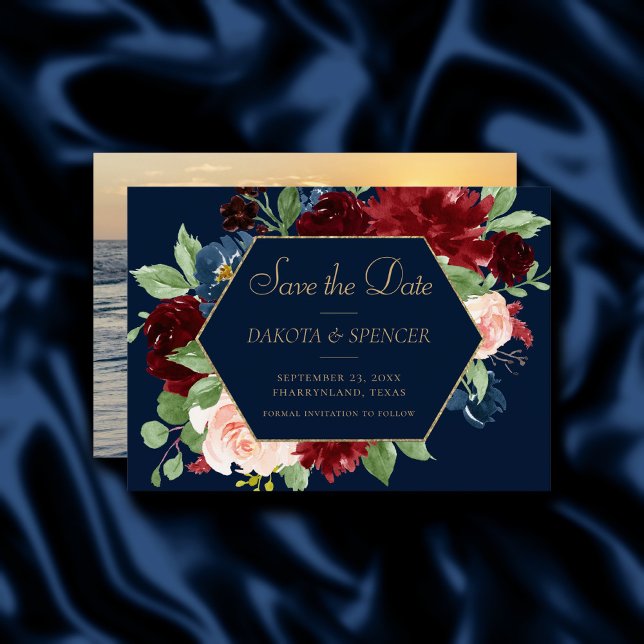 Boho Blooms | Dark Navy Blue und Burgund Red Save The Date (Von Creator hochgeladen)