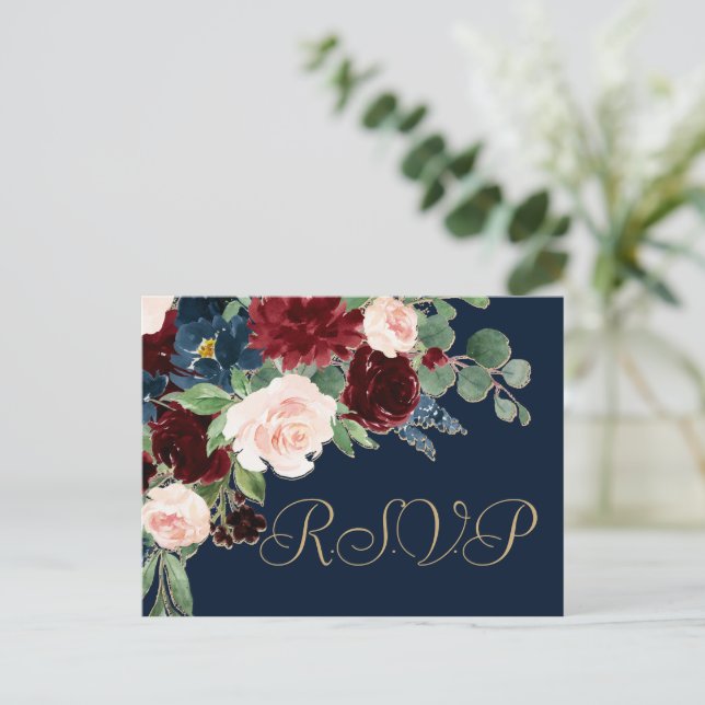 Boho Blooms | Dark Navy Blue und Burgund Response Postkarte (Stehend Vorderseite)