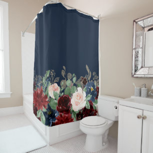 Boho Blooms Dark Navy Blue und Burgundy Bouquet Duschvorhang