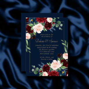 Boho Blooms Dark Navy Blue und Burgundy Bouquet Einladung