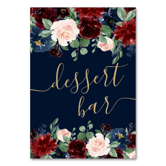 Boho Blooms | Dark Rustic Navy and Red Dessert Bar Tischnummer (Vorderseite)