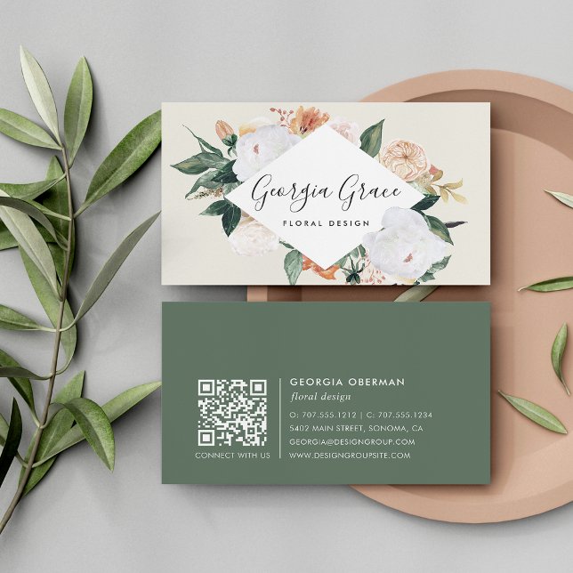 Boho Blooms Geometric Watercolor Floral QR Code Visitenkarte (Von Creator hochgeladen)