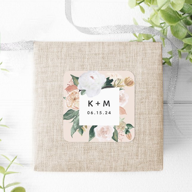Boho Blooms Modern Floral Wedding Monogram Quadratischer Aufkleber (Von Creator hochgeladen)