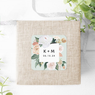 Boho Blooms Modern Floral Wedding Monogram Quadratischer Aufkleber