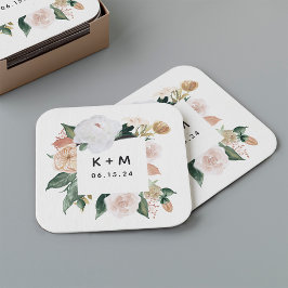 Boho Blooms Modern Floral Wedding Monogram Rechteckiger Pappuntersetzer