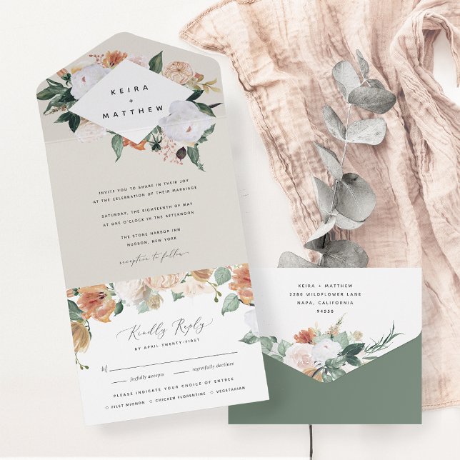 Boho Blooms | Moderne geometrische Hochzeit All In One Einladung (Von Creator hochgeladen)