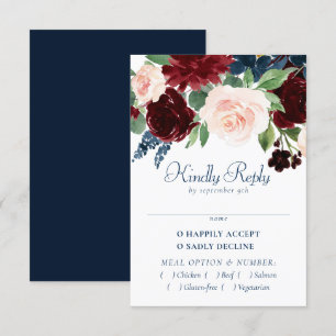 Boho Blooms Rustikales Navy Blue und Burgund Ent RSVP Karte