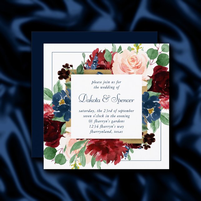 Boho Blooms | Rustikales Navy Blue und Burgund Wre Einladung (Von Creator hochgeladen)