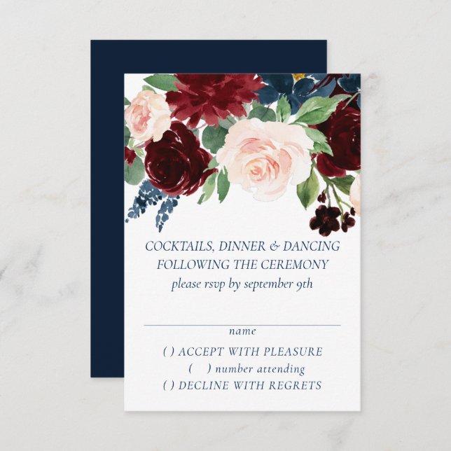 Boho Blooms | Rustikales Navy Blue und Burgund Wre RSVP Karte (Vorne/Hinten)