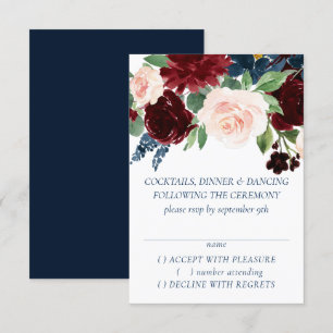 Boho Blooms Rustikales Navy Blue und Burgund Wre RSVP Karte