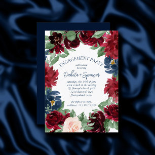 Boho Blooms   Rustische Marine und Burgund Verlobu Einladung