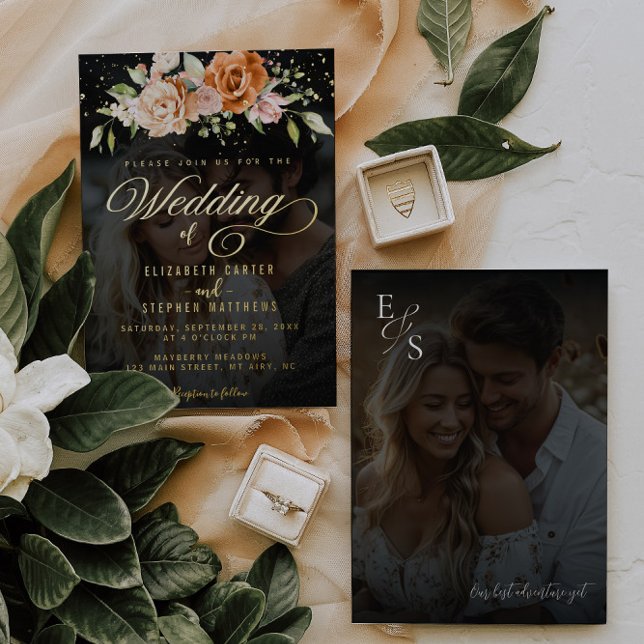 Boho Bloral Orange und Blush Pink Foto Hochzeit Folieneinladung (Von Creator hochgeladen)