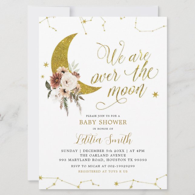 Boho Bloral Over the Moon Baby Shower Einladung (Vorderseite)