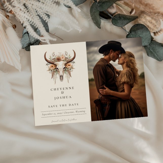 Boho Bloral Skull Western Hochzeit Speichern Sie d Postkarte (Von Creator hochgeladen)