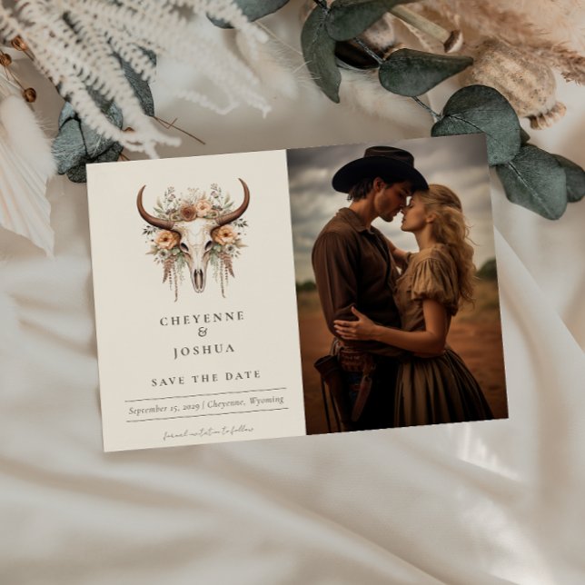 Boho Bloral Skull Western Hochzeit Speichern Sie d Postkarte (Von Creator hochgeladen)