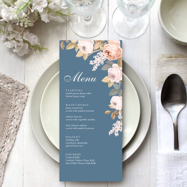 Boho Blue and Blush Peonies Wedding Menu Card Menükarte (Boho Blue and Blush Peonies Wedding Menu Card on a boho white wedding dinner tabel.)