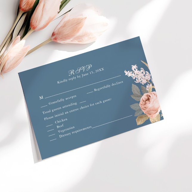 Boho Blue and Blush Peonies Wedding RSVP Card Dankeskarte (Boho Blue and Blush Peonies Wedding RSVP Card on a sunny white table with pale pink flowers.)