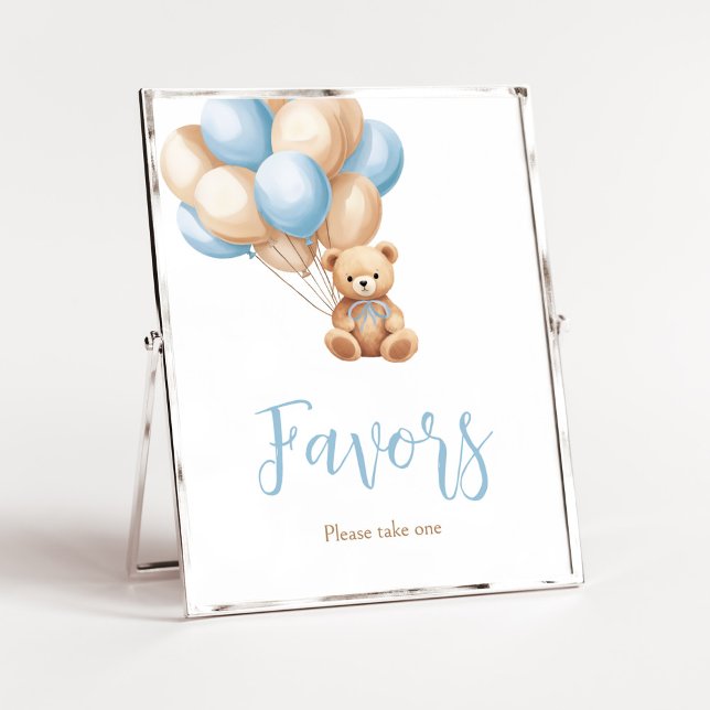 Boho Blue Balloon Bear Baby Shower Favoriten Poster (We Can Bearly Wait Boy Baby Shower Favors Sign)
