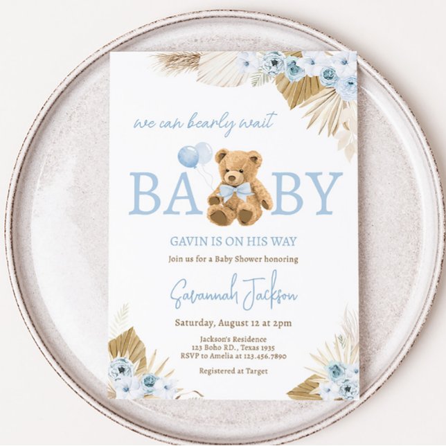 Boho Blue Bear Baby Dusche Einladung (Blue Pampas Grass Teddy Bear Baby Shower Invitation)