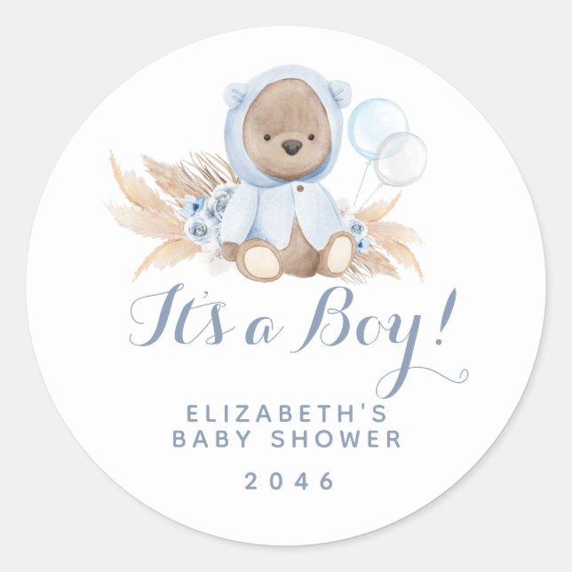 Boho Blue Bear Baby Dusche Gefallen-Label Runder Aufkleber (Vorderseite)