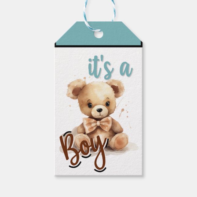Boho Blue Bear Baby Dusche Geschenkanhänger (Vorderseite)