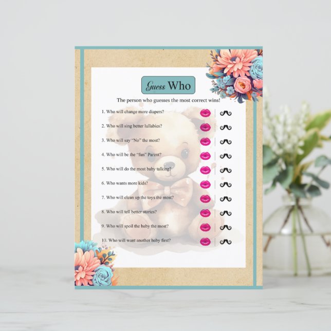 Boho Blue Bear Baby Showdusche Raten, wer Spiel (Stehend Vorderseite)