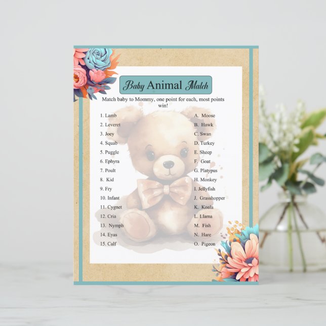 Boho Blue Bear Baby Shower Animal Match Game (Stehend Vorderseite)