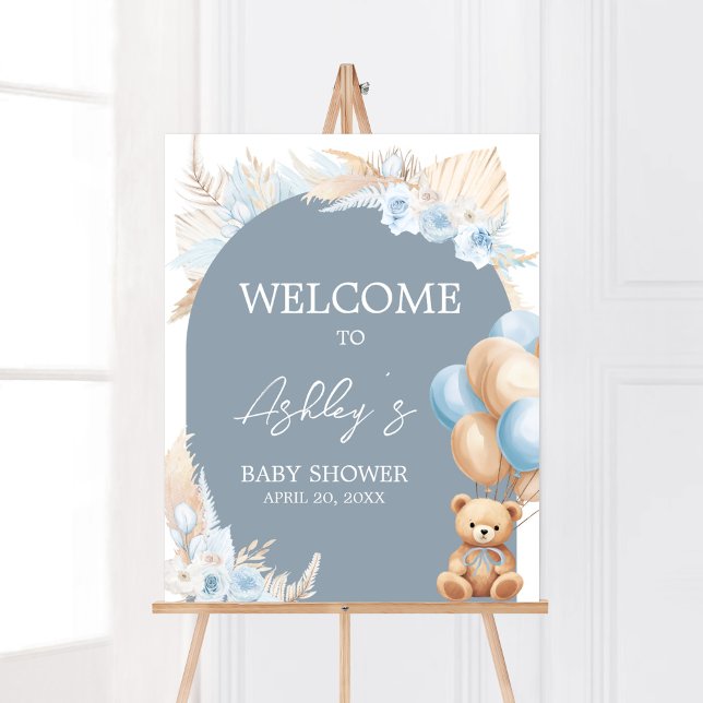 Boho Blue Bear Balloon Baby Dusche Willkommen Poster (Sage Blue Balloons Baby Shower Welcome Sign)