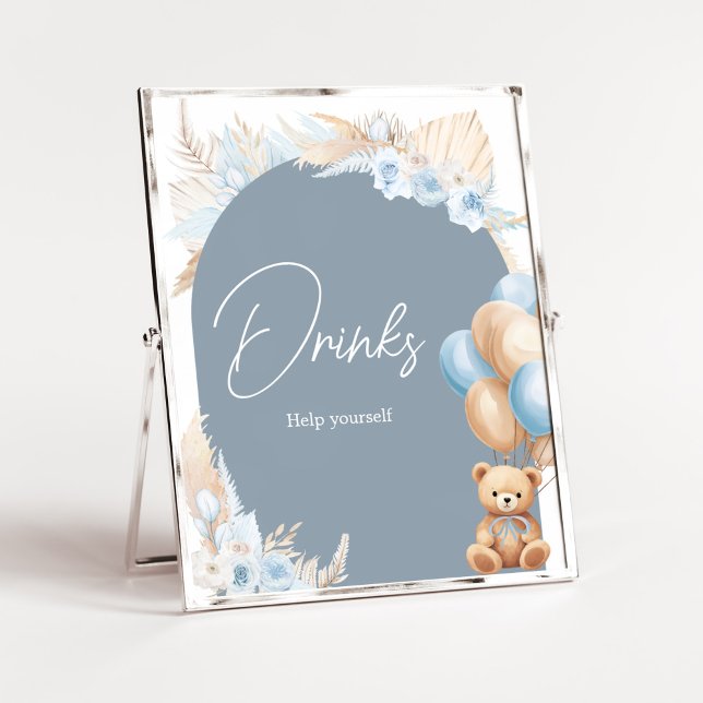 Boho Blue Bear Balloon Baby Shower Drinks Poster (Sage Blue Balloons Baby Shower Drinks Sign)