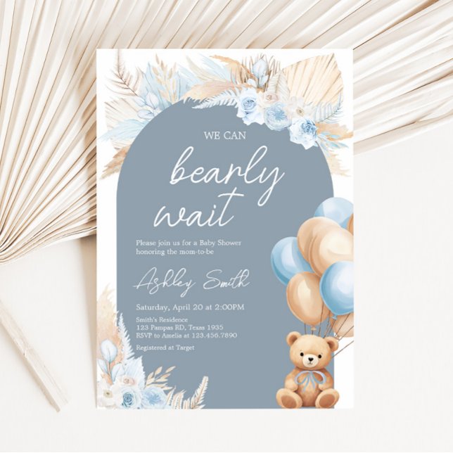 Boho Blue Bear Balloon Babydusche Einladung (Sage Blue Balloons Baby Shower Invitation)