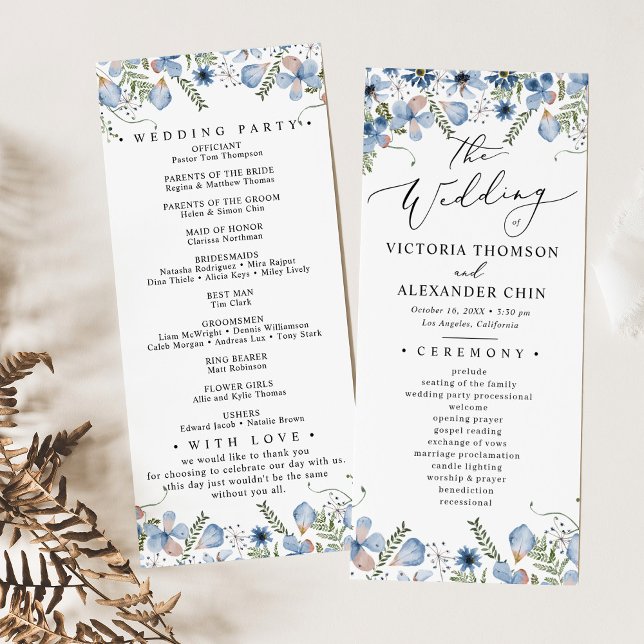 Boho Blue Botanical Wedding Program Menükarte (Von Creator hochgeladen)