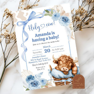 Boho Blue Bow Highland Cow Baby Shower Einladung
