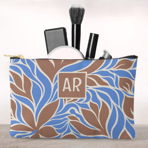Boho Blue & Brown Modern Floral Pattern Monogramm Zubehörtasche