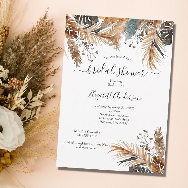 Boho Blue Brown Pampas Grass Palm Blätter Bridal S Einladung (Von Creator hochgeladen)