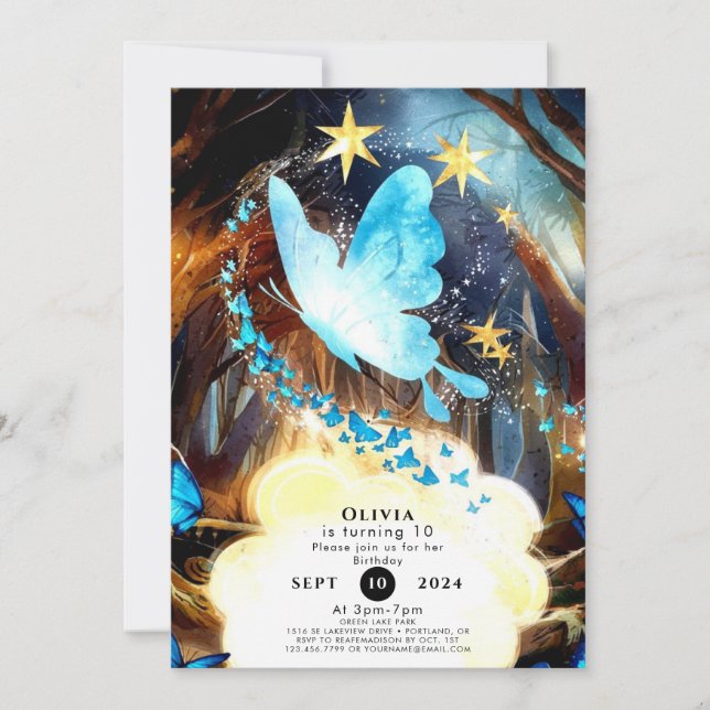 Boho Blue Butterfly Birthday Einladung (Vorderseite)