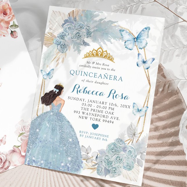 Boho Blue Butterfly Mexikanischer Princesa Quincea Einladung (Von Creator hochgeladen)