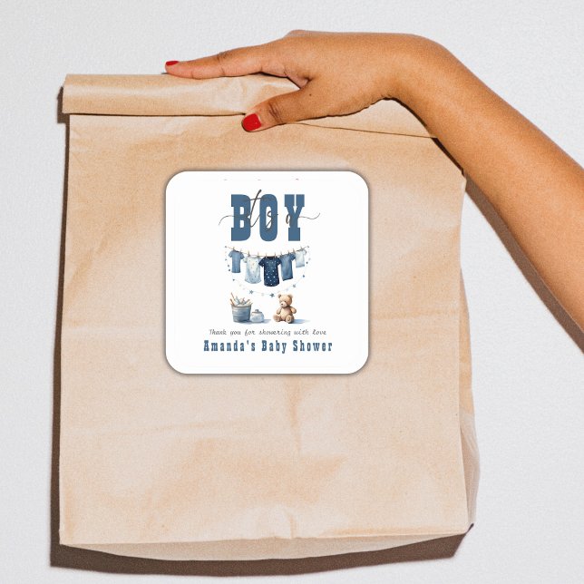 Boho Blue Clothesline Sweet It a Boy Baby Dusche Quadratischer Aufkleber (Von Creator hochgeladen)