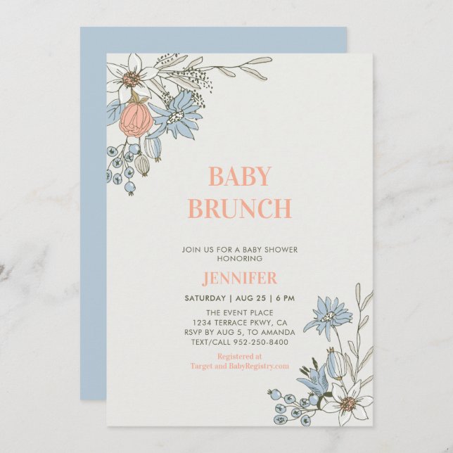 Boho Blue & Coral Floral Baby Brunch Dusche Einladung (Vorne/Hinten)