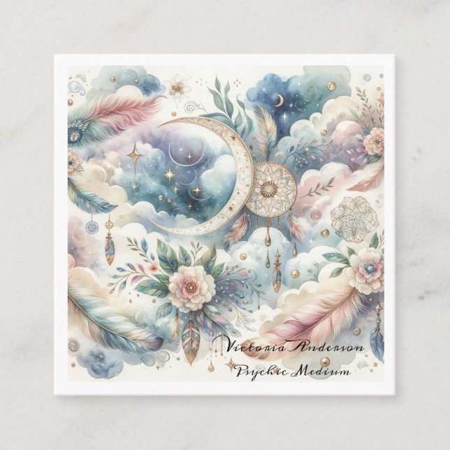 Boho Blue Dreamcatcher Psychische Leselogame Quadratische Visitenkarte (Vorderseite)
