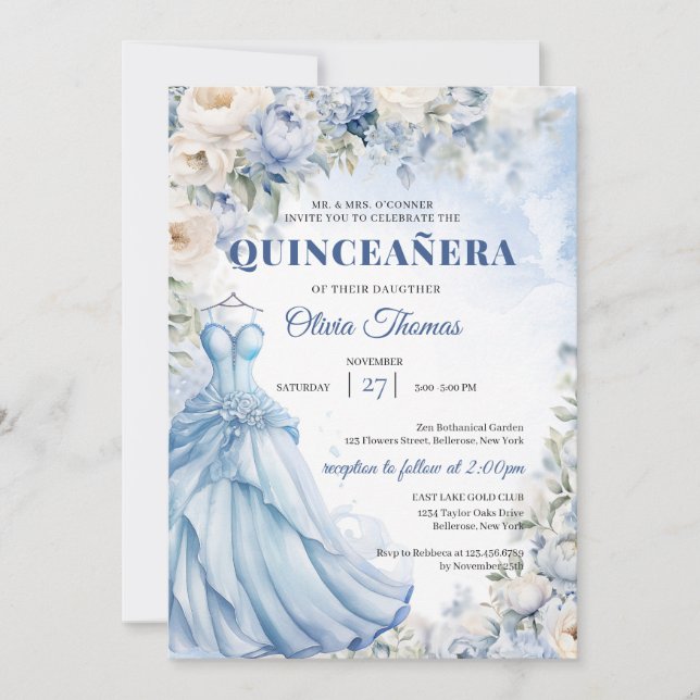 Boho Blue Dress & tiara hydrangea und weiße Rosen Einladung (Vorderseite)
