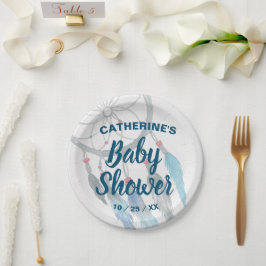 Boho Blue Feather Dreamcatcher Baby Shower Pappteller