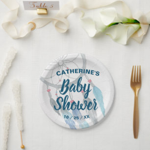 Boho Blue Feather Dreamcatcher Baby Shower Pappteller