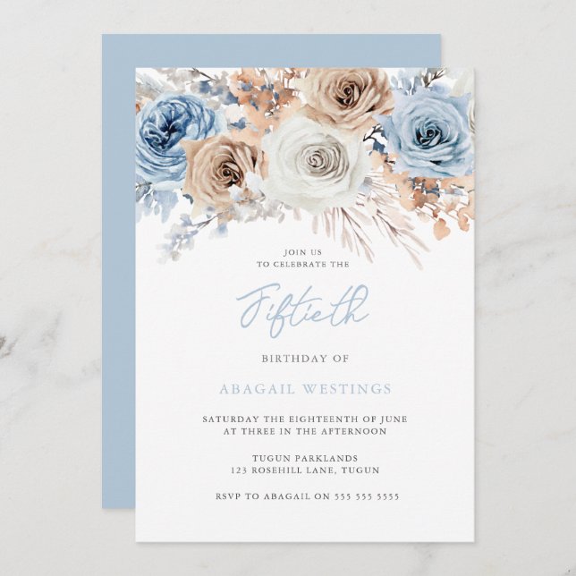 Boho Blue Floral 50. Geburtstag Einladung (Vorne/Hinten)