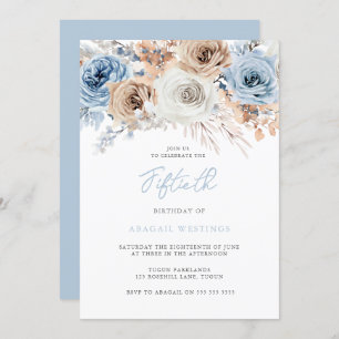 Boho Blue Floral 50. Geburtstag Einladung