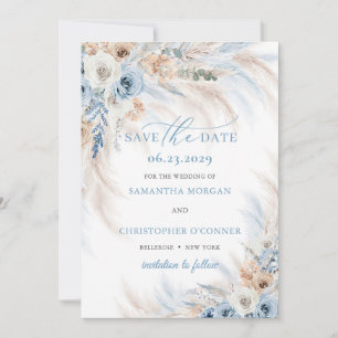 Boho Blue Floral and Ivory Rose Pampas Grass Save The Date