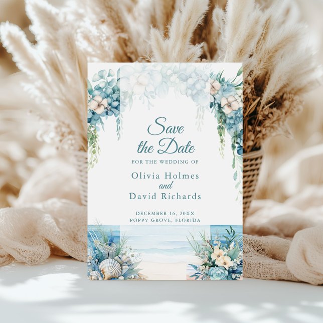Boho Blue Floral Arch Beach Save the Date Card (Boho Blue Floral Arch Beach Save the Date Card in front of white pampas grass.)