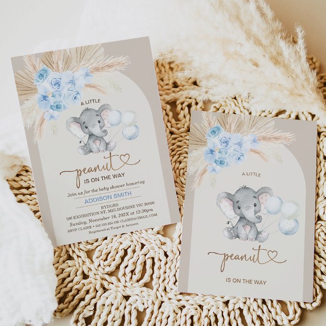 Boho Blue Floral Arch Little Peanut Baby Dusche Einladung (Boy's elephant themed little peanut baby shower invitation featuring a blue boho floral arrangement.)