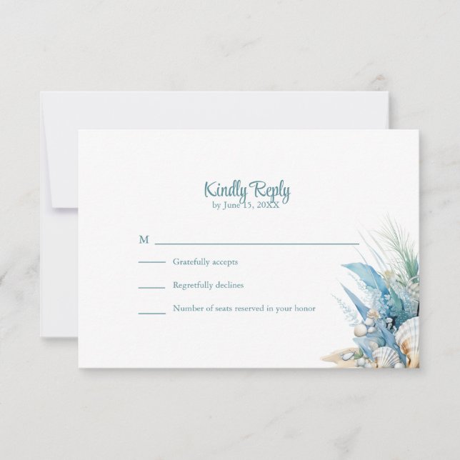 Boho Blue Floral Beach and Shell Wedding RSVP Card (Vorderseite)